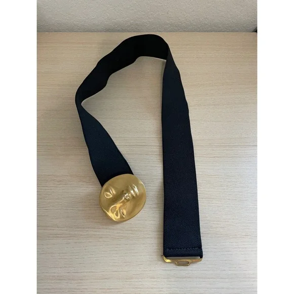 Vintage Gold Face Buckle Elastic Waist Belt Black Wide Surrealist Statement  M/L - Picture 4 of 6